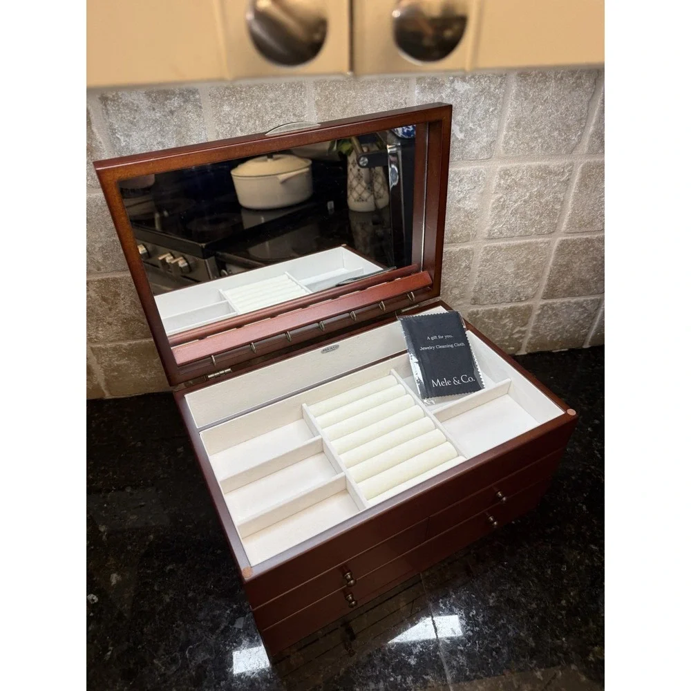Mele & Co Wooden Jewelry Box Floral Inlay Brayden Design Drawers Mirror Lined